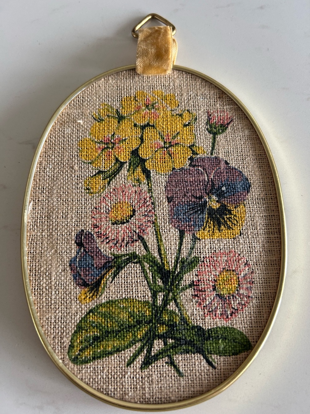 Mid Century Vintage Framed Floral Linen Art - Yellow, Pink & Purple Bouquet
